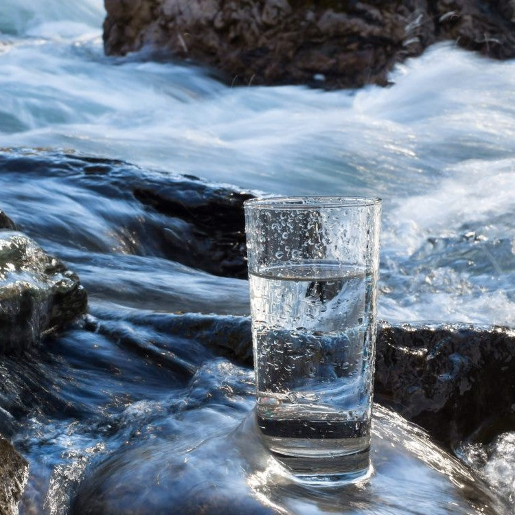 galss of water by a stream