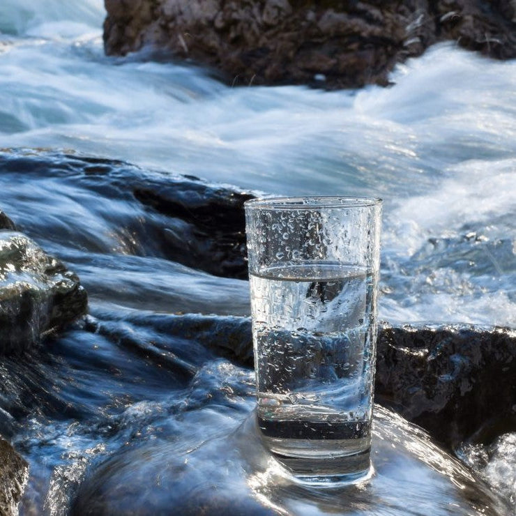 galss of water by a stream