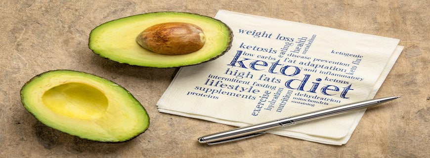 keto diet word cloud - handwriting on napkin with a cut avocado against bark paper