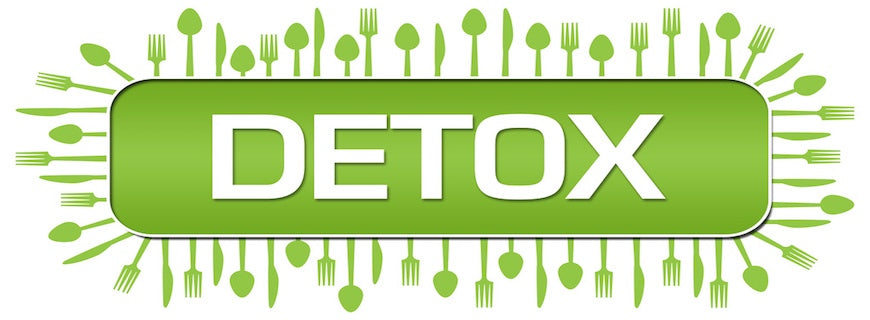 the word 'DETOX' in white lettering inside green box, with cutlery icons decorating it