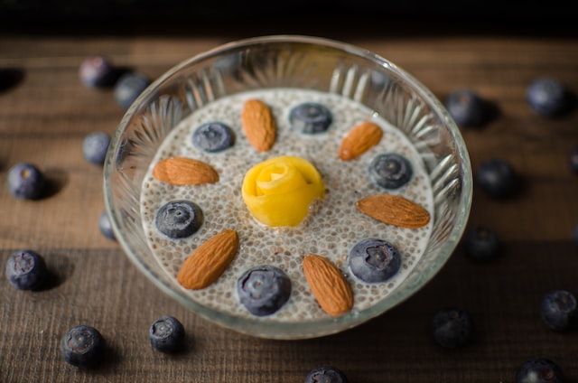 chia seed pudding with almonds and blueberries