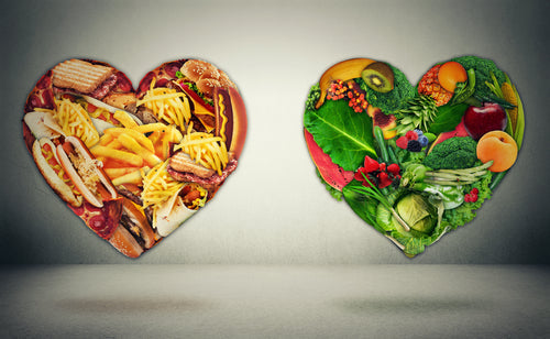 heart shapes of unhealthy and healthy food