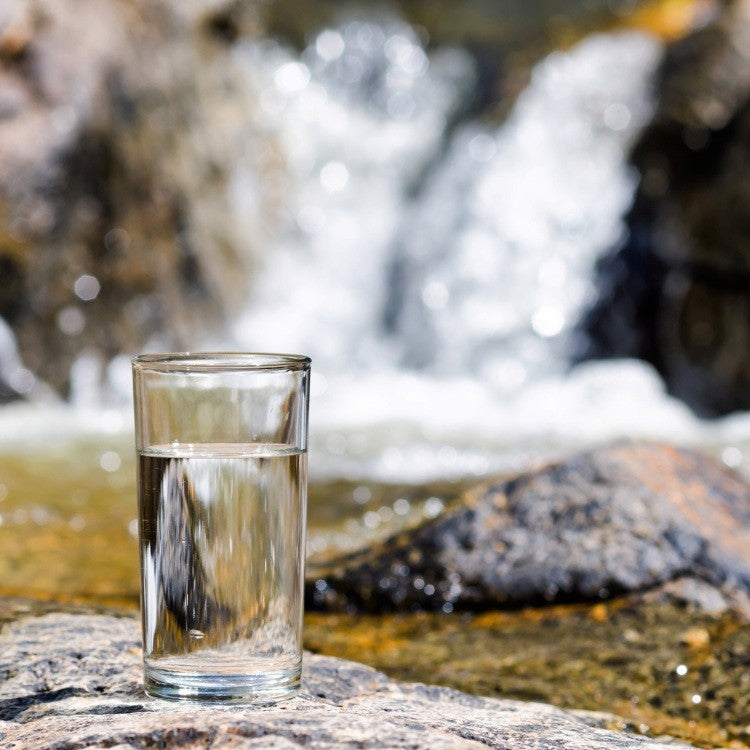 glass of water beside a waterfall