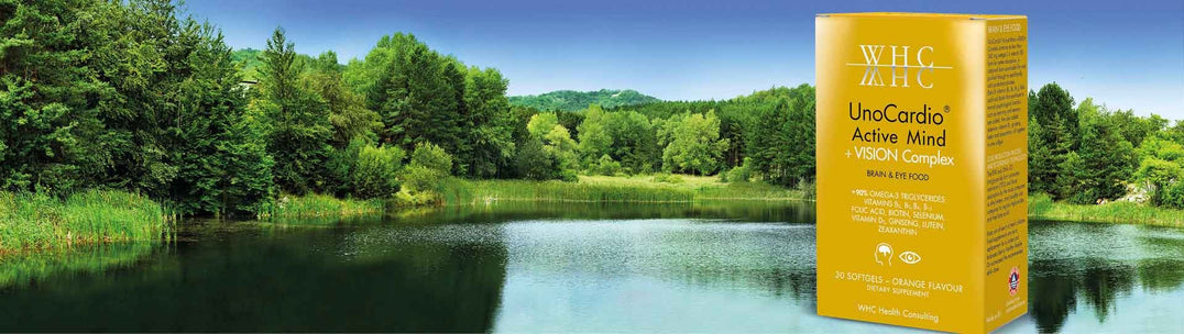 box of Active Mind fish oil capsules on background of a lake