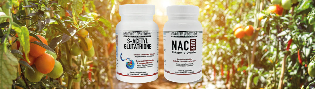 bottles of glutathione and NAC on background of orange orchard