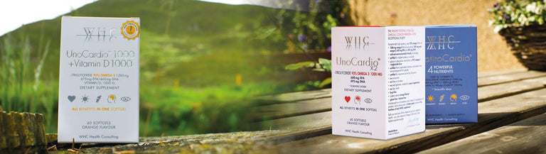 Three boxes of WHC fish oils with woodland background
