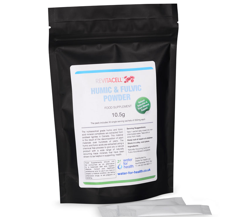 pack of humic and fulvic powder sachets front view