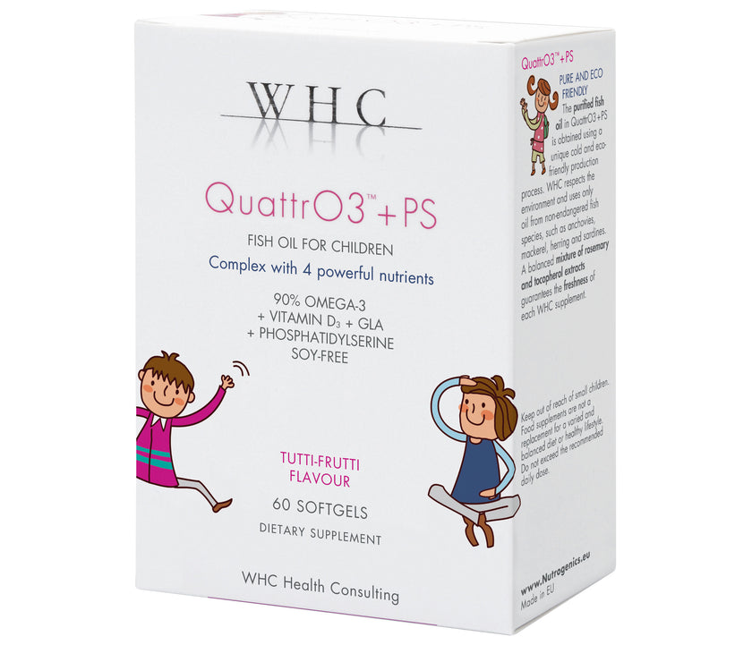 box of QuattrO3+PS fish oil capsules front view