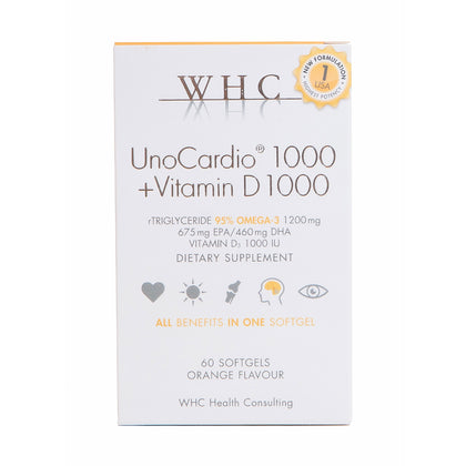front view of box of UnoCardio fish oil capsules