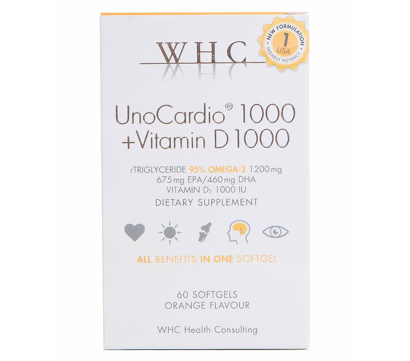 front view of box of UnoCardio fish oil capsules