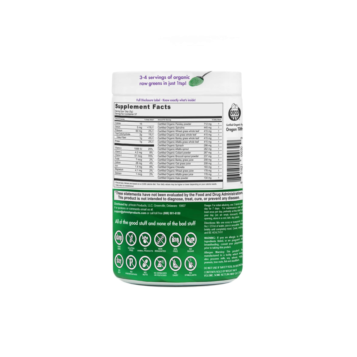 tub of pHresh Greens powder back view