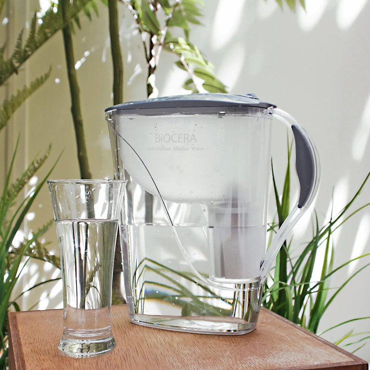 Biocera Water Filter Jug with glass of water