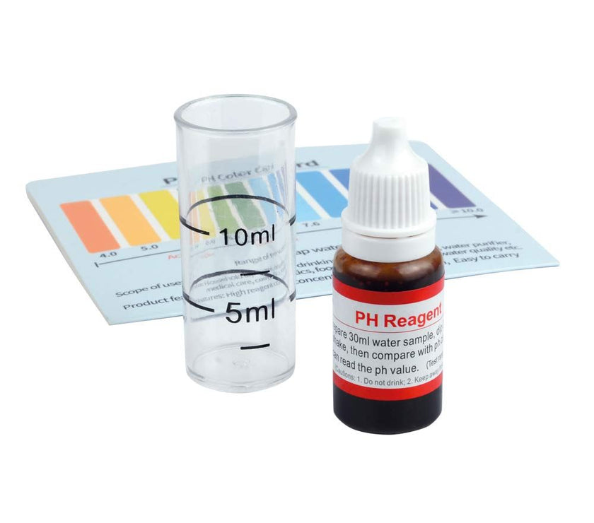 bottle of ph reagent with measuring cup and colour chart