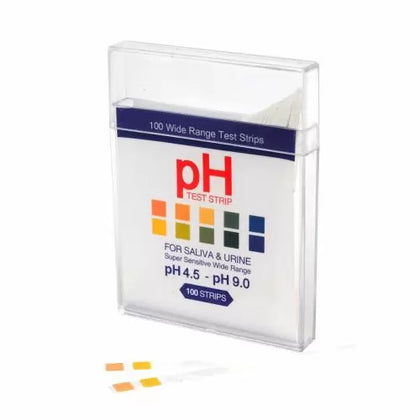 box of pH test strips with 2 loose test strips